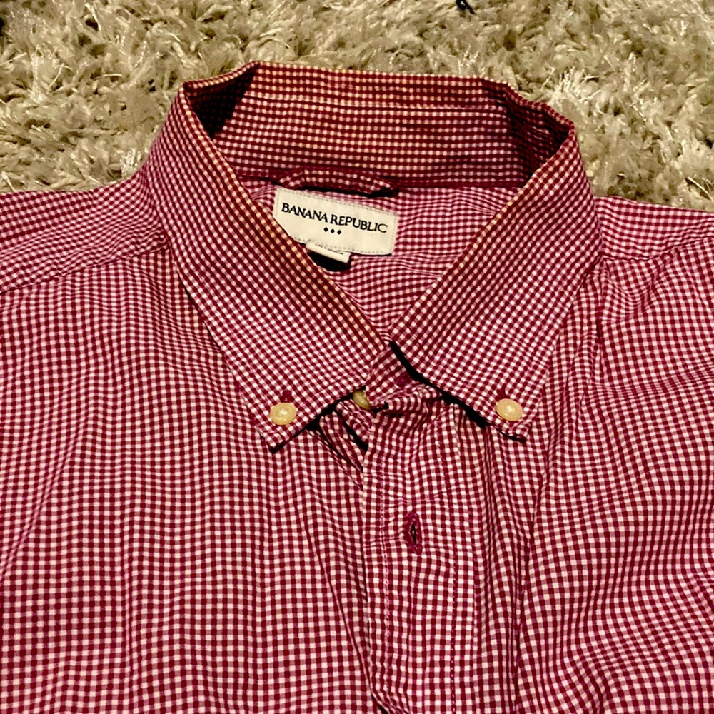 Red and white check, button-down shirt